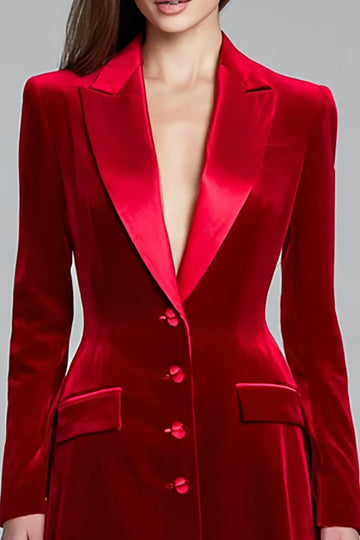 Bordowa aksamitna jednorzędowa sukienka z klapami w klapy